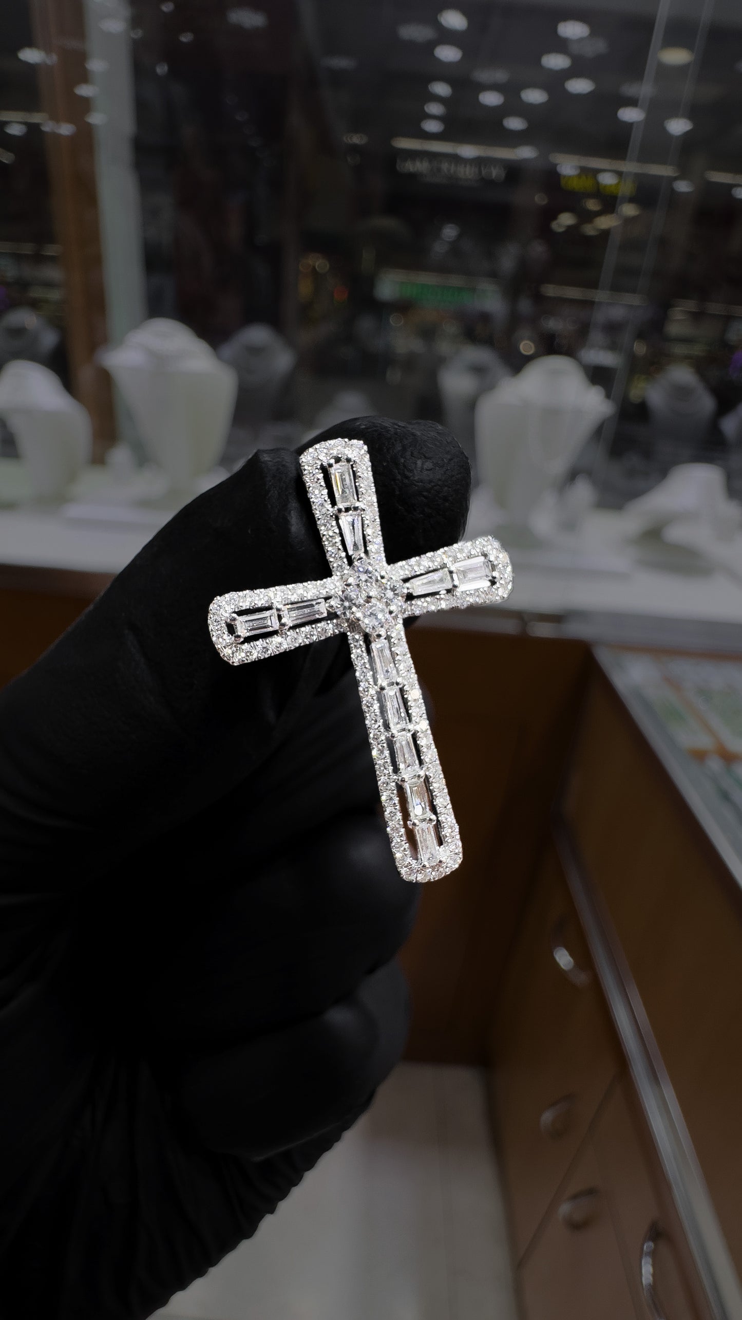 18K White Gold Halo Diamond Cross Pendant