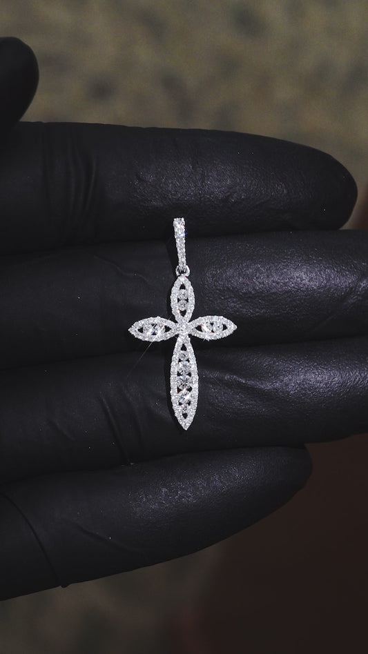 18K White Gold Diamond Flower Cross Pendant