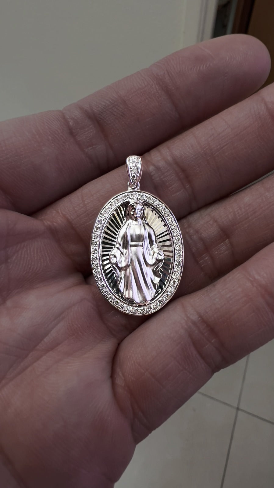 18K White Gold Diamond Virgin Mary Pendant